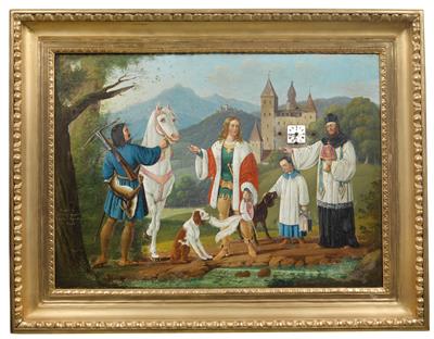 A Biedermeier framed clock with musical mechanism inscribed: "Rudolf von Habsburg encounters the priest during a hunt" - Clocks, Metalwork, Faience, Folk Art, Sculptures +Antique Scientific Instruments and Globes