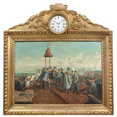 Biedermeier Rahmenuhr mit Spielwerk "Die Belagerung Venedigs 1849 unter Julius von Haynau" - Antiquitäten, Historische wissenschaftliche Instrumente, Globen und Modelle