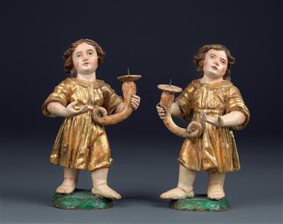 Candlestick in the form of a pair of small, standing angels, - Clocks, Metalwork, Faience, Folk Art, Sculptures +Antique Scientific Instruments and Globes