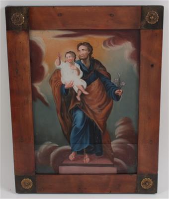 A painting on glass, St Joseph with Jesus as a child, - Starožitnosti