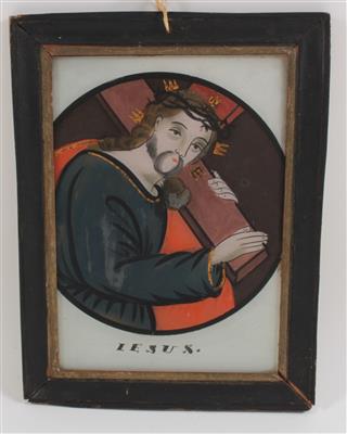 Hinterglasbild, Kreuz tragender Jesus, - Uhren, Metallarbeiten, Varia, Vintage, Fayence, Volkskunst, Skulpturen