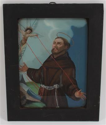 A painting on glass, the stigmata of St Francis, - Antiques: Clocks, Sculpture, Faience, Folk Art, Vintage, Metalwork