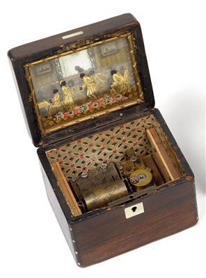 A small musical mechanism with églomisé wood cassette - Antiques: Clocks, Sculpture, Faience, Folk Art, Vintage, Metalwork