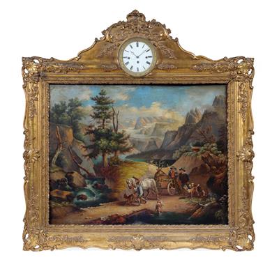 A Biedermeier picture clock with musical mechanism - "Der Dachstein" - Antiques: Clocks, Sculpture, Faience, Folk Art, Vintage