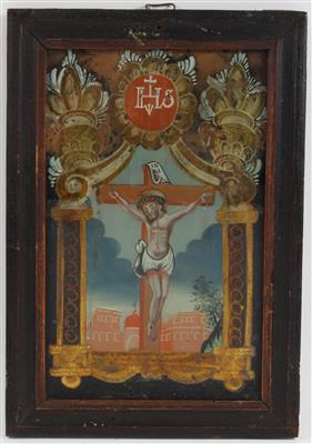 A painting on glass, Christ on the Cross, - Antiquariato - orologi, sculture, maioliche, arte popolare