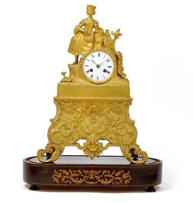 A small Louis Philippe bronze mantelpiece clock - "The Flower Girl" - Antiques: Clocks, Sculpture, Faience, Folk Art, Vintage
