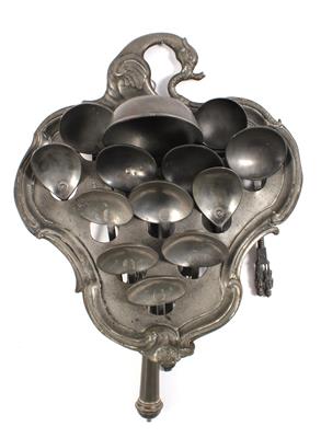A pewter spoon holder with 12 spoons, - Starožitnosti