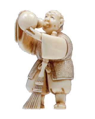 Netsuke eines Mannes aus einer Kalebasse trinkend, Japan, Meiji Periode, signiert Tamayuki - Uhren, Metallarbeiten, Vintage, Asiatika, Fayencen, Volkskunst, Skulpturen