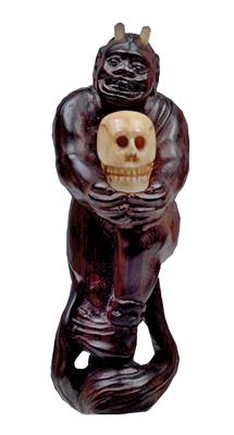 Netsuke eines oni mit Totenkopf, Japan, Meiji Periode, signiert - Uhren, Metallarbeiten, Vintage, Asiatika, Fayencen, Volkskunst, Skulpturen