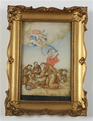 A parchment image of the martyrdom of five Franciscan brothers, - Antiques: Clocks, Vintage, Asian art, Faience, Folk Art, Sculpture