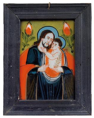 A painting behind glass, St Joseph and the Christ Child, Sandl, - Antiques and art