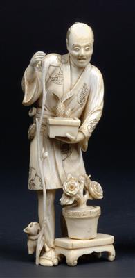 Okimono eines Mannes mit Kaktus, Blumenstock und einer Katze zu seinen Füßen, Japan, Meiji Periode - Uhren, Metallarbeiten, Vintage, Asiatika, Fayencen, Skulpturen, Volkskunst