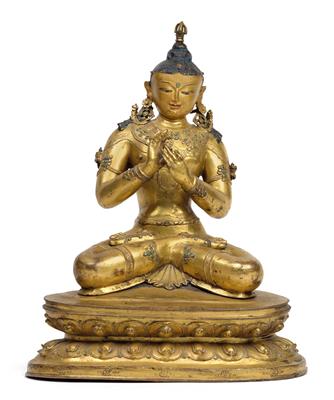 Feuervergoldete Bronzefigur des Vairocana, Nepal, 18./19. Jh. oder früher - Uhren, Metallarbeiten, Asiatika, Fayencen, Skulpturen, Volkskunst