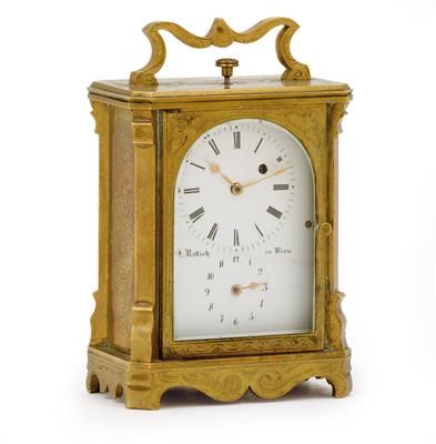 A travel clock with alarm, from Vienna, - Orologi, arte asiatica, metalli lavorati, fayence, arte popolare, sculture