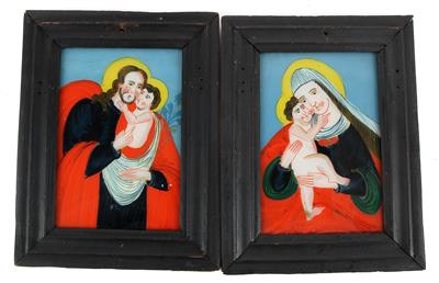 Zwei Hinterglasbilder, Hl. Joseph mit Jesuskind und Hl. Maria mit Jesuskind, - Uhren, Metallarbeiten, Asiatika, Fayencen, Skulpturen, Volkskunst
