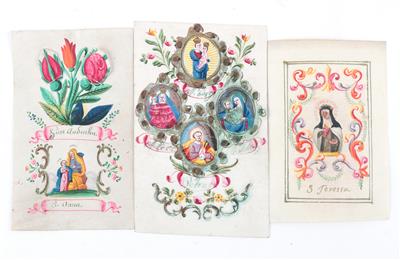 Three parchment images of saints, - Orologi, arte asiatica, metalli lavorati, fayence, arte popolare, sculture