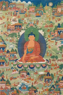 A thangka of Buddha Shakyamuni featuring the tales of Avadana-Kalpalata, Tibet, 18th/19th cent. - Orologi, arte asiatica, metalli lavorati, fayence, arte popolare, sculture