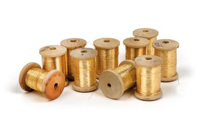 Ten spools of gold coloured yarn with core for embroidery, - Antiques