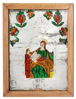 Großes Spiegelschliff Hinterglasbild, Hl. Anna lehrt Maria Lesen, - Antiquitäten