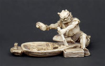 Netsuke eines oni mit Hammer und Meißel, Japan, Meiji Periode, signiert Gyokuzan - Antiquitäten