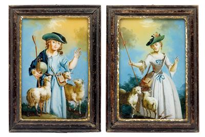 Two reverse glass paintings, Good Shepherd and Good Shepherdess, - Antiquariato