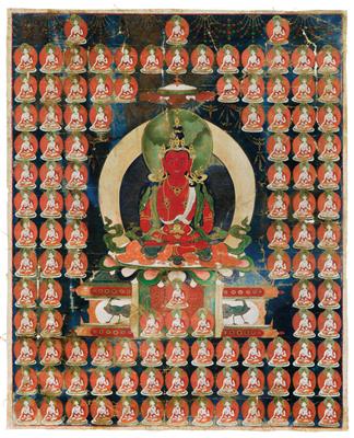 A thangka depicting Amitayus with white Taras, Tibet, 18th century - Antiquariato