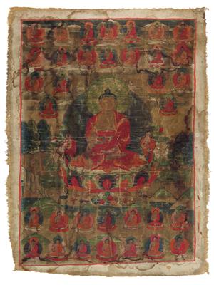 A thangka depicting Buddha Shakyamuni and the 35 buddhas of the confession of sins, Tibet, 19th cent. - Antiques