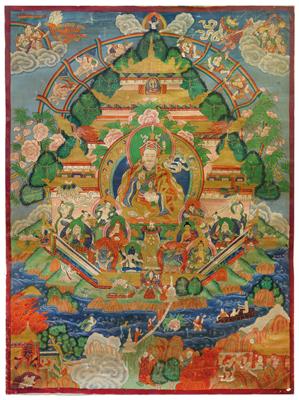 A thangka depicting ‘Padmasambhava in the Glorious Copper Mountain Paradise’, Tibet 19th/20th cent. - Antiques