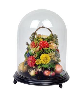 An exceptional Biedermeier bouquet of wax flowers in a basket with handles, - Umění a starožitnosti