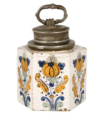 A Hexagonal Habaner Screw-Cap Bottle, Slovakia, c. 1660/80, - Starožitnosti