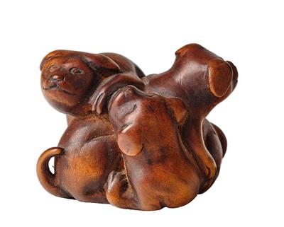 A Netsuke of Three Mating Puppies, Japan, 19th Century, Signed Tamagawa, - Antiquariato - Parte 1