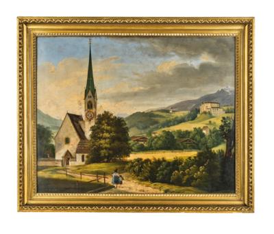 Biedermeier Bilderuhr "Kirchgang in Tirol", Tiroler Ansicht, - Antiquitäten