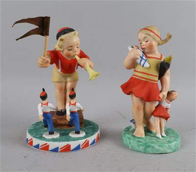 Mädchen mit Puppen, Knabe mit Spielzeugsoldaten, - Antiquitäten