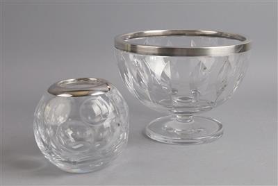 Deutsche Glasschale und Vase mit Silbermontierung, - Silver