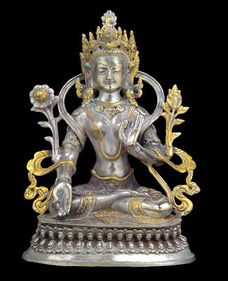 Tibet, Nepal: ‘Green Tara’ figure, silver-plated and gilded. - Tribal Art