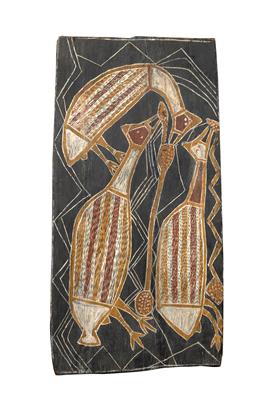 Australia, Northern Territory, Arnhem Land: ‘three geese’. Aboriginal painting on eucalyptus bark. Painter: John Daininganan Gupapuynge from Milingimbi. Beginning of the 1960s. - Mimoevropské a domorodé umění