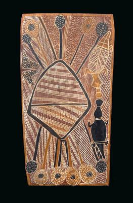 Australia, Northern Territory, Arnhem Land: ‘two crocodiles near a lake’. Aboriginal painting on eucalyptus bark. Painter: unknown. Before 1969. - Mimoevropské a domorodé umění