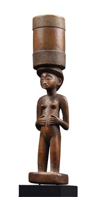 Luena, Angola, Sambia, DR Kongo: Ein außerordentlich schöner Mörser aus Holz, mit einer stehenden Frauen-Figur. - Stammeskunst/Tribal-Art; Afrika