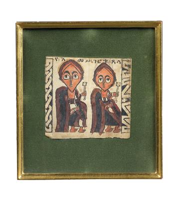 Äthiopien: Ein reizvolles, kleines Bild mit zwei Figuren, auf Pergament (Tierhaut) gemalt. - Stammeskunst/Tribal-Art