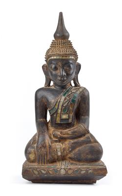 Burma (Myanmar): A sitting Buddha made of wood, black with traces of gold lacquer. Style: Mandalay. - Tribal Art