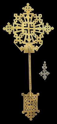 Ethiopia: A hand-held brass crucifix and a silver pendant cross for a necklace. - Tribal Art