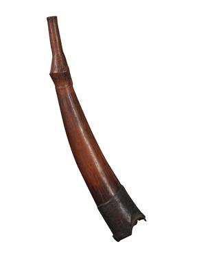 Mbole, Dem. Rep. of Congo: An old side-blown trumpet made of ivory with a black leather cuff below. - Tribal Art - Africa
