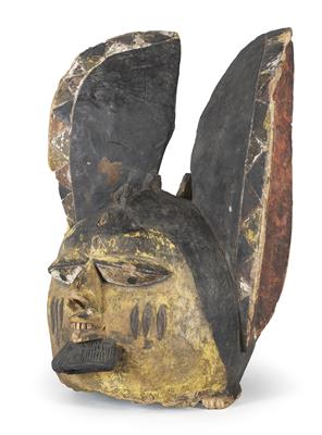 Yoruba, Nigeria: an old helmet mask, the ‘Egungun’, that represents the Yoruba god of ancestors, with tall, long ‘hare ears’. - Tribal Art - Africa