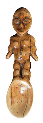 Lega (auch Warega oder Rega), DR Kongo: Ein Löffel aus Elfenbein, der ganze Griff als weibliche, stehende Figur gestaltet. Aus einem Stück. - Tribal Art