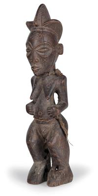 Chokwe, Angola, Democratic Republic of Congo, Zambia: a standing, female ‘shrine’ or ‘ancestor figure’, with triple crested coiffure. - Tribal Art