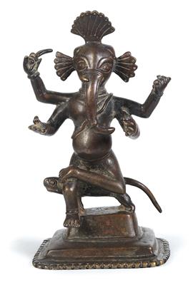 India: the god of good fortune, Ganesha, with an elephant’s head and four arms, sitting on his mythical steed, the rat. - Mimoevropské a domorodé umění