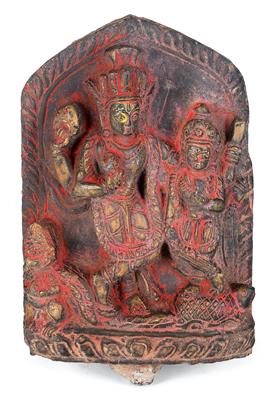 India: a stone relief depicting the Hindu god Vishnu, his wife Lakshmi and the bird of the gods Garuda. - Tribal Art