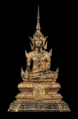 Thailand: a sitting Buddha, made of cast bronze and gilded. In Rattanakosin or Bangkok style, 19th century. - Tribal Art