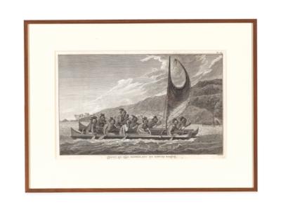 James Cooks dritte Südseereise - Stich eines hawaiianischen Kanus mit maskierten Ruderern - Stammeskunst