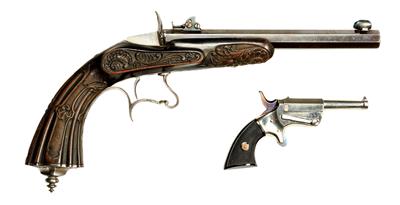 Doppelpistolenschatulle mit einer Salonpistole Kal.: 4 mm Flobert - nach dem System Flobert aus dem Jahr 1845 und einer Kipplaufpistole im Kal.: .22 kurz, - Sporting and Vintage Guns